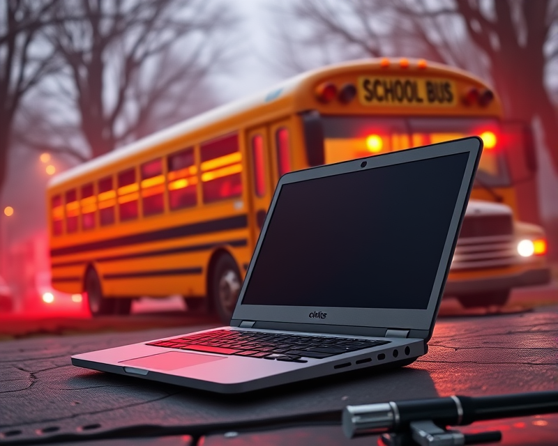 laptop, school bus, lightsaber